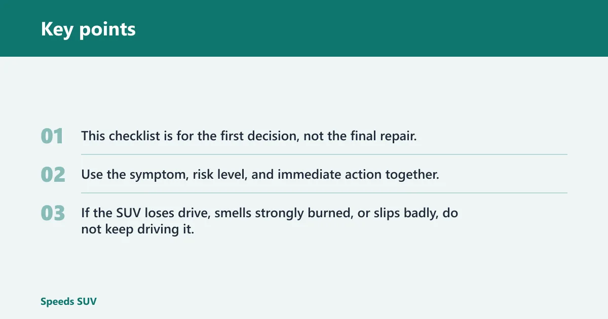 Key points: Sudden Transmission Failure Triage for SUV Owners